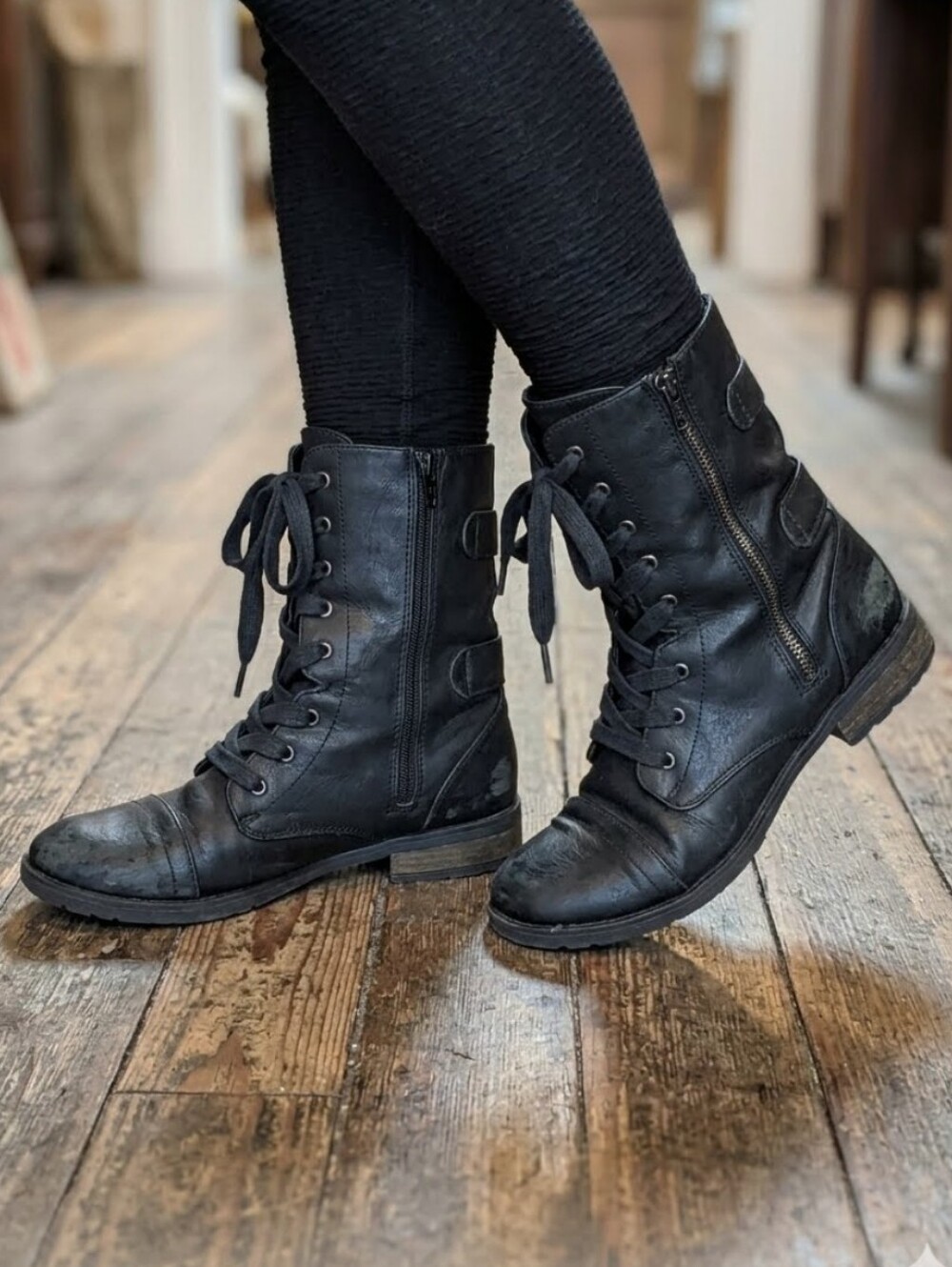 DEPT222 Black Lace-Up Mid-Calf Combat Boots Side-Zip Women's Size 8.5